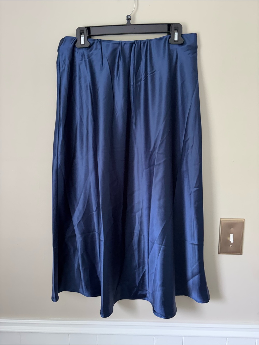 Navy Satin A-Line Midi Skirt